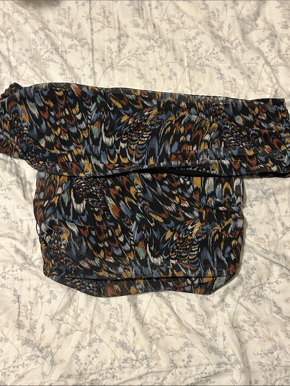 Express Off Shoulder Feather-Print Top in Black, Blue, Brown